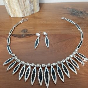 Vintage 925 Sterling Necklace & Earrings Black Onyx